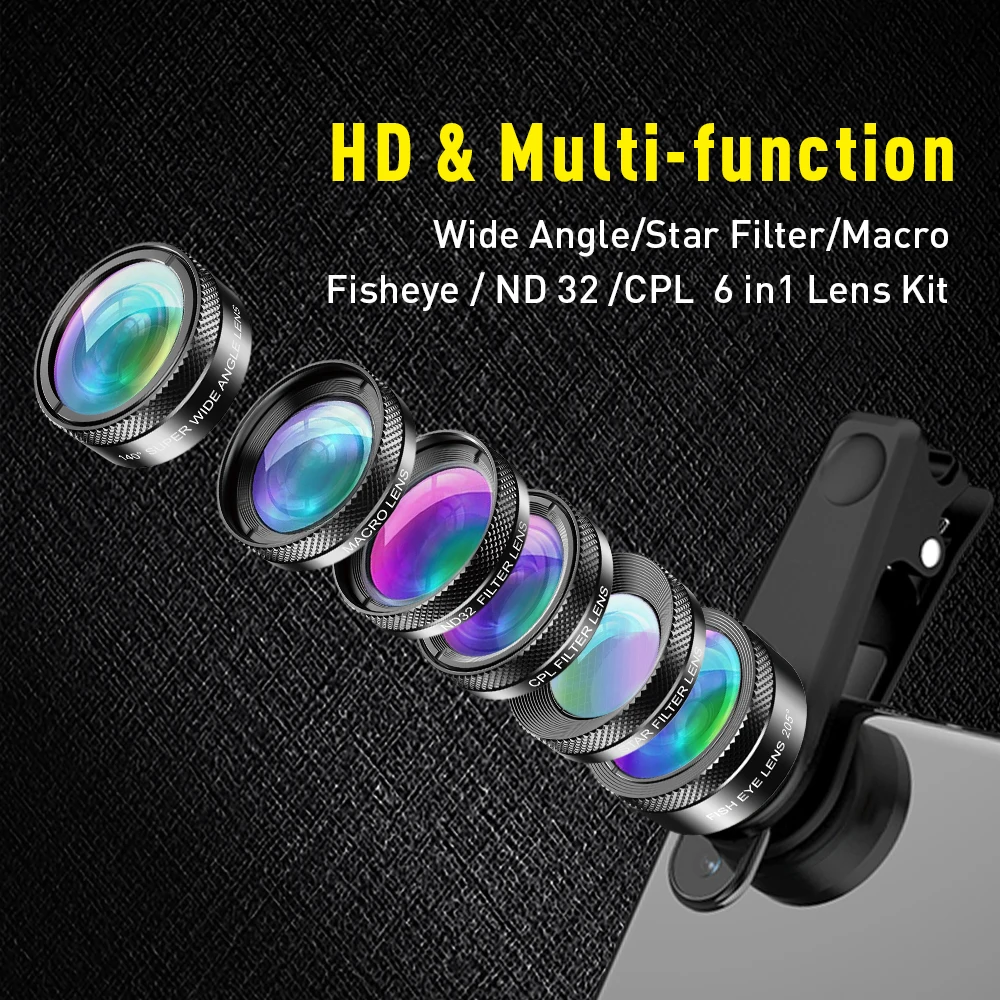 

APEXEL Universal 6 in 1 Phone Camera Lens Kit Fish Eye Lens Wide Angle macro Lens CPL/StarND32 Filter for almost all smartphones