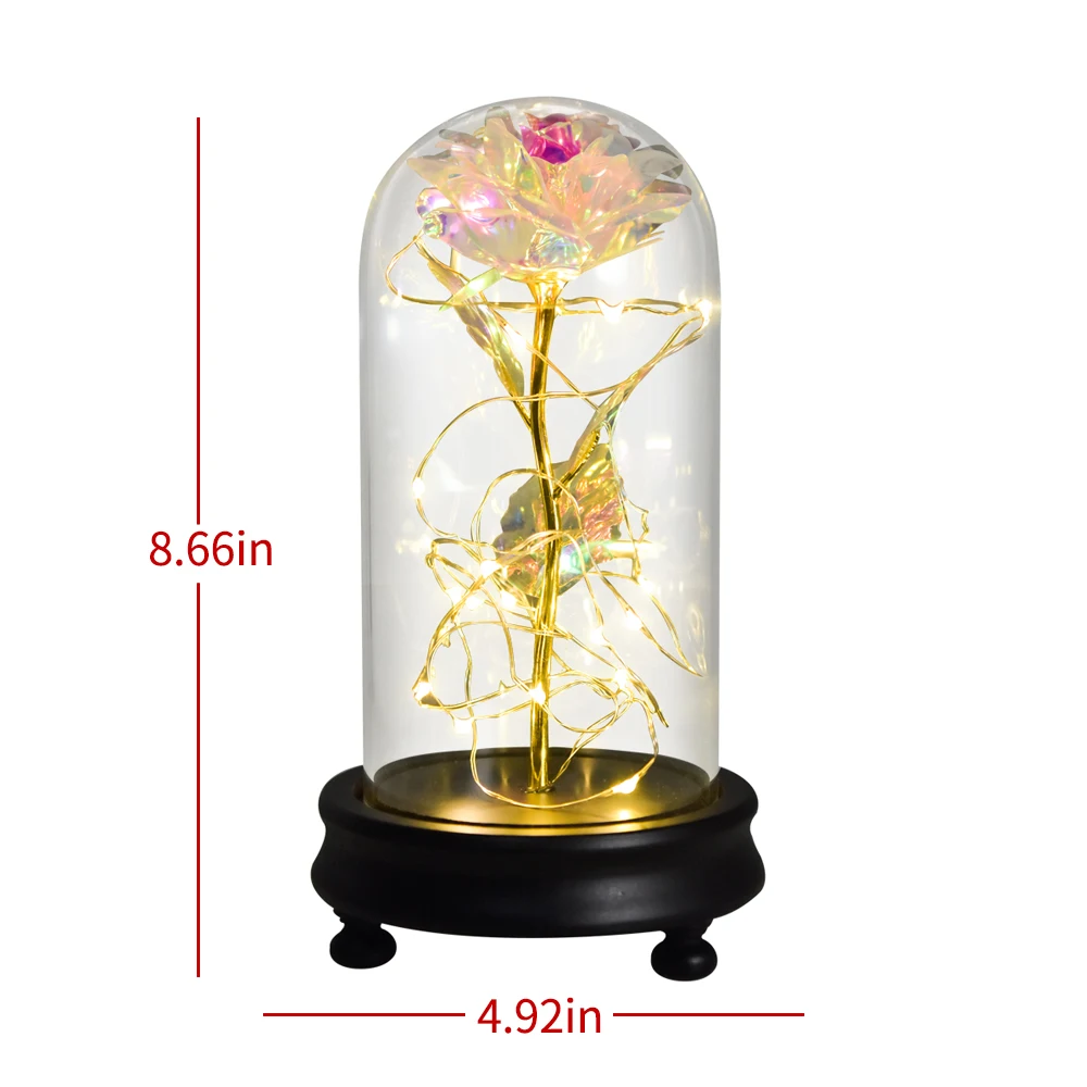Вечная роза из золотой фольги в стеклянном куполе со светодиодной подсветкой