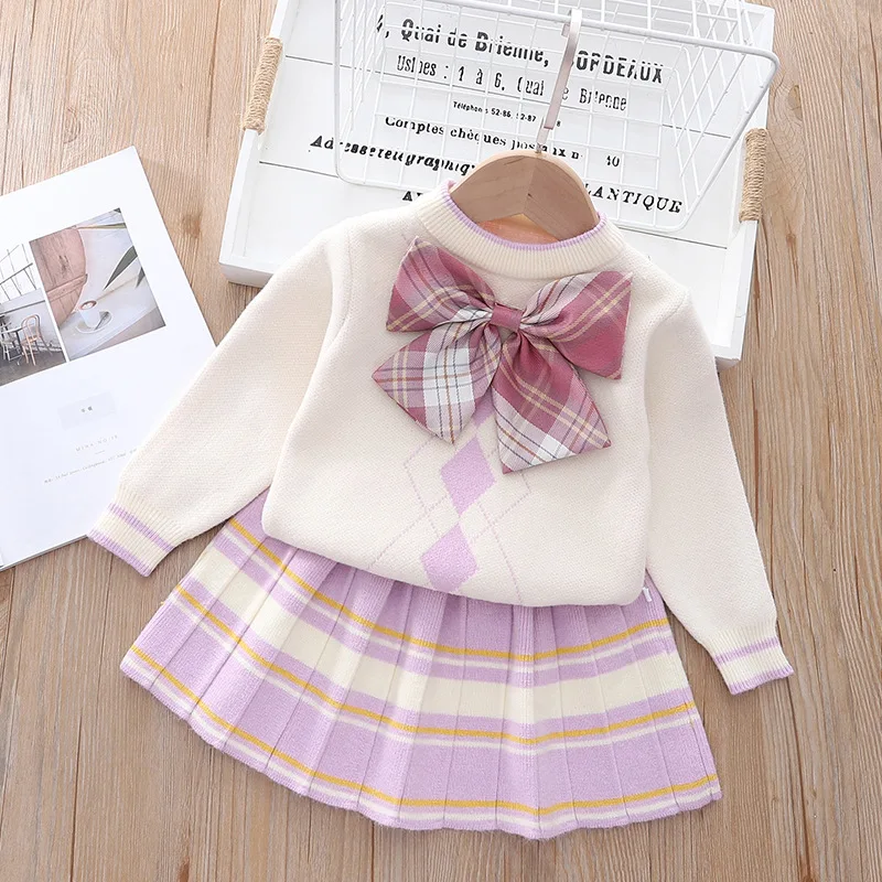 

Весна 2023, модные брендовые наряды для маленьких девочек, Зимний вязаный свитер, платье с бантом, милые комплекты детской одежды, детское платье