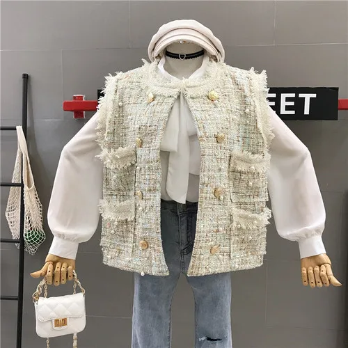 green only vest Осенний твидовый жилет женский жемчужный бисер Тонкий двубортный шерстяной жакет без рукавов женский студенческий жакет - Цвет: green only vest