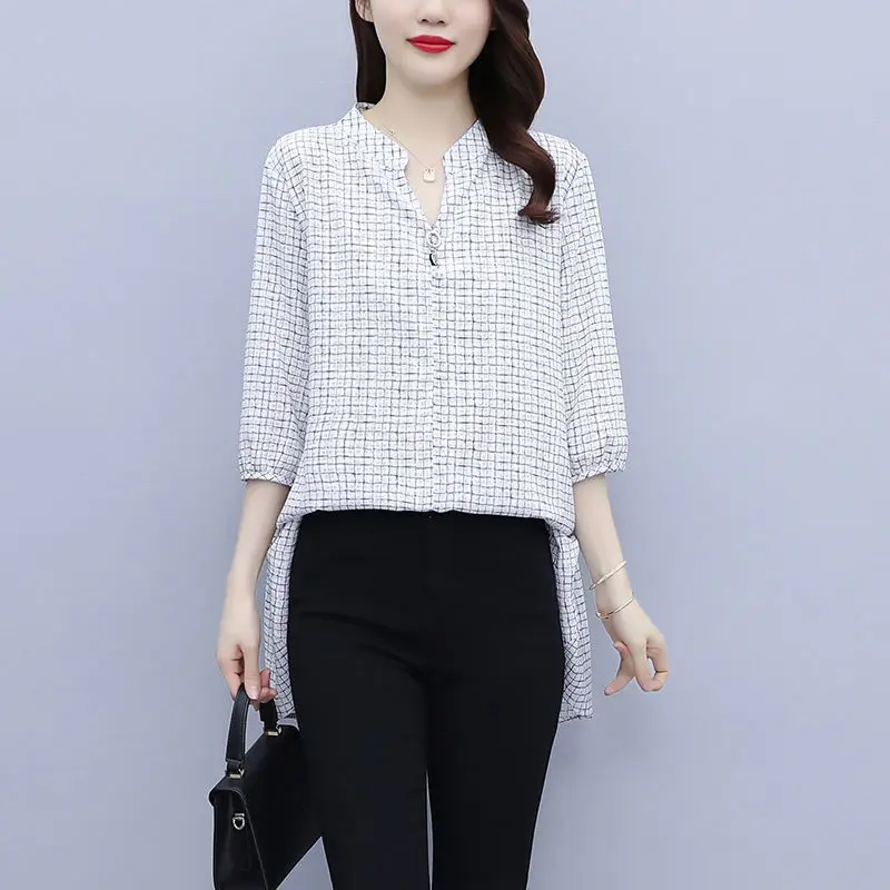 

Summer Style Women Chiffon V-Neck Lattice Shirts Blouses Half Sleeve Casual Loose Fashion Large Size Tops Blusas MM0309