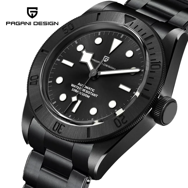 

Новинка 2021 г., дизайн Pagani, искусственная сталь, черный корпус, ретро механические часы, водонепроницаемые наручные часы 100 м, 1709