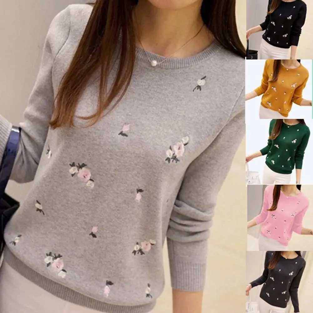 Women Fashion Floral Embroidery O Neck Pullover Knitted Jumper Sweater Knitted Sweater Pullover Knitted Casual Streetwear