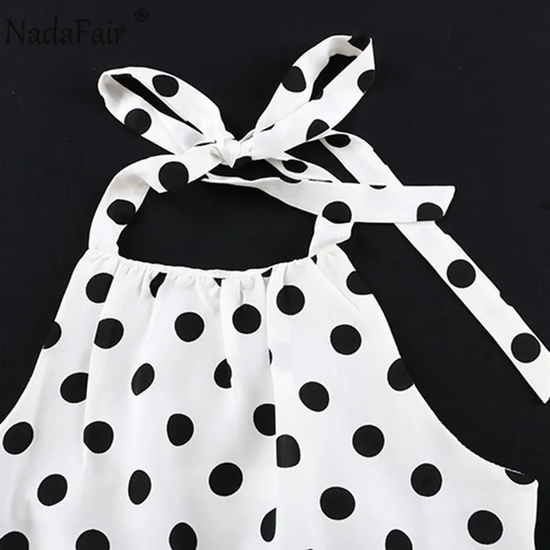 

Nadafair Chiffon Playsuit 2020 White Polka Dot Summer Beach Off Shoulder Backless Halter Sexy Short Jumpsuit Women