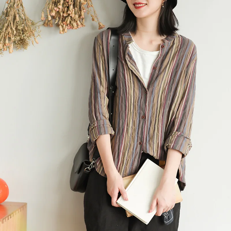 Осенняя блузка Мода ретро свободная женская рубашка 2019 Новая v-образный вырез с