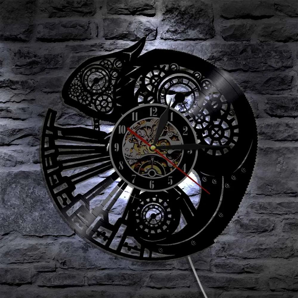 Chameleon Vintage Vinyl Record Wall Clock LP LED Night Light Art Hanging Watch Silent Quartz Animal Lover Gift | Дом и сад