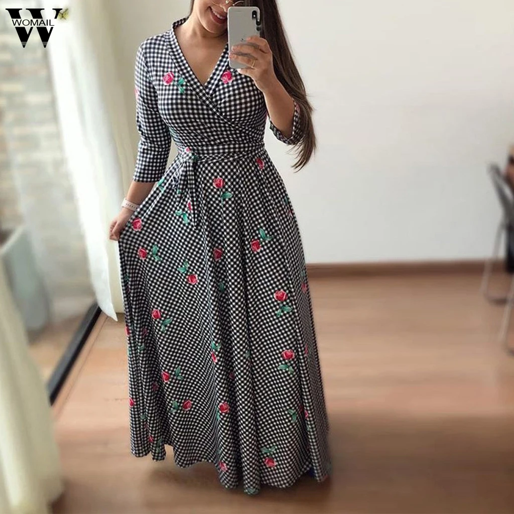 Женское длинное платье макси с цветочным принтом Повседневное рукавом три