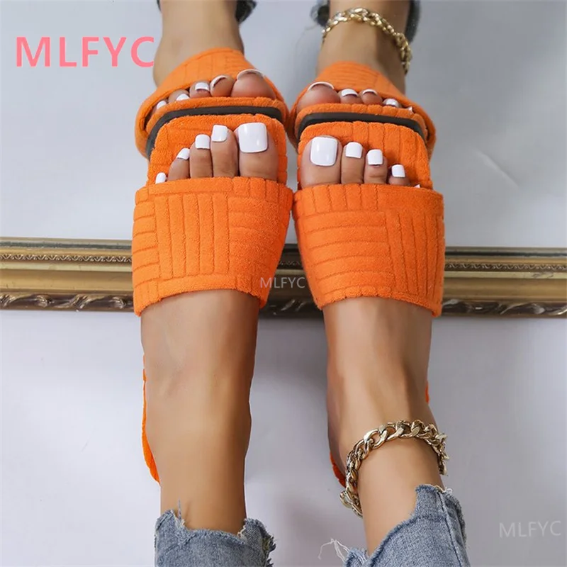 

2021 autumn new flat-bottom square-toe slippers plus size one-line towel slippers sandals women house slippers women