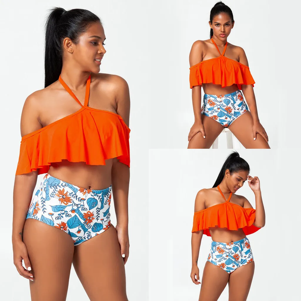 Бикини 2020 женские бикини с лямкой через шею и оборками топ купальник цветочным