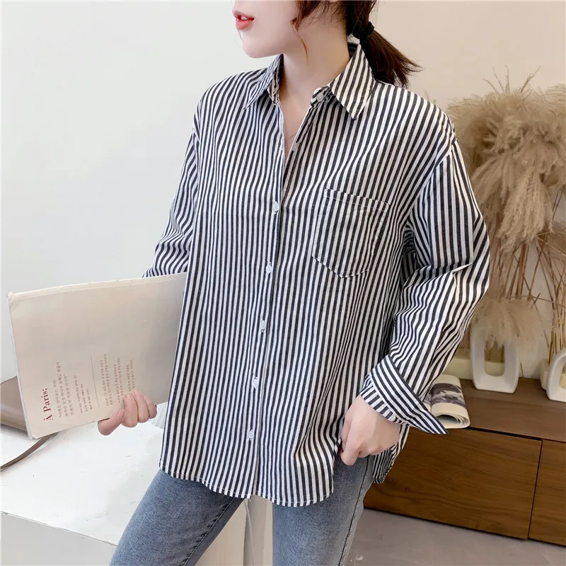 Women Blouses Shirts Tunic Womens Tops And Blouses 2020 Long Sleeve Clothing Button Up Down Striped New Blue Gray Design Autumn