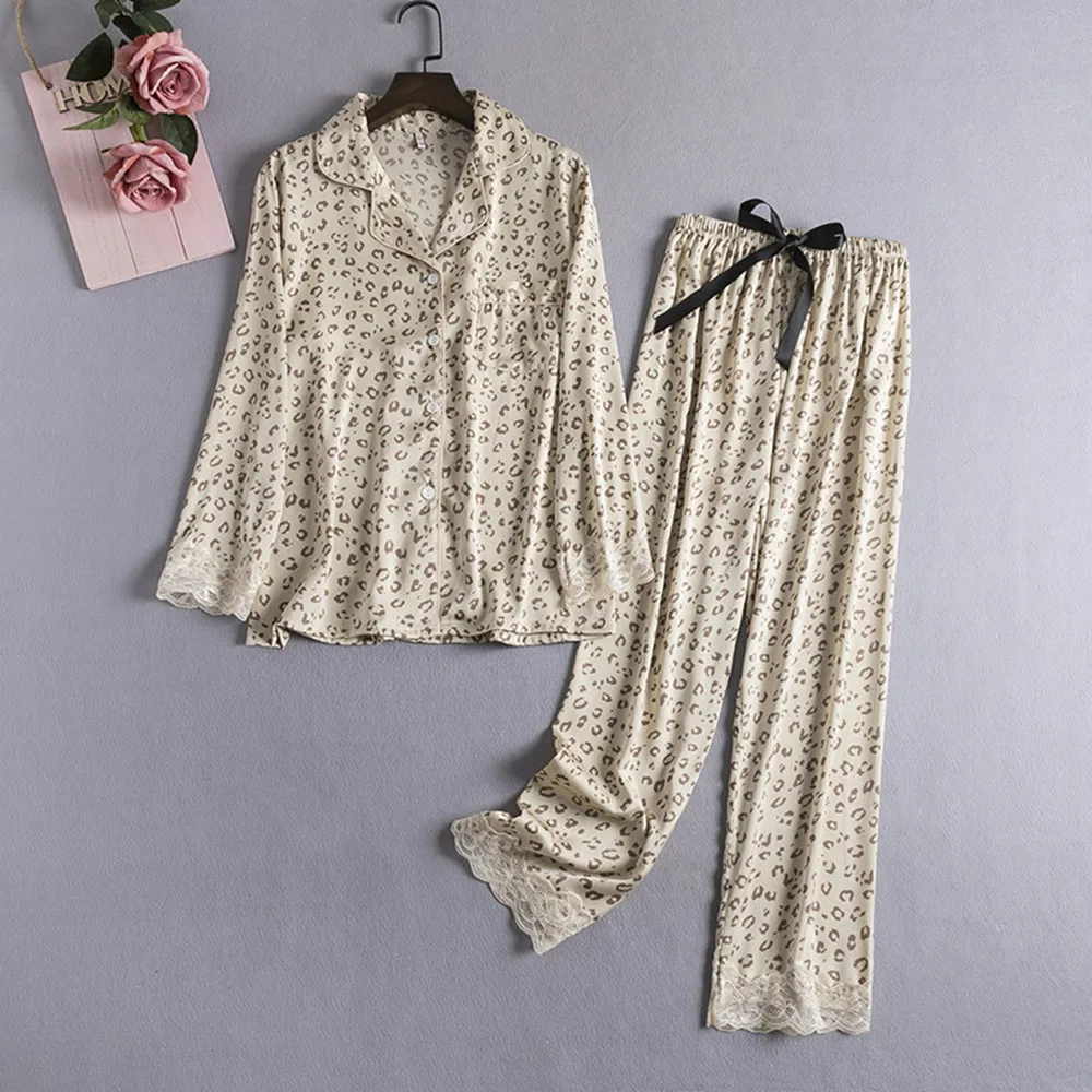 Fdfklak Леопардовый принт брюки с длинными рукавами женская пижама одежда для отдыха пижама из ледяного шелка Пижама Весна 2021 ночная рубашка