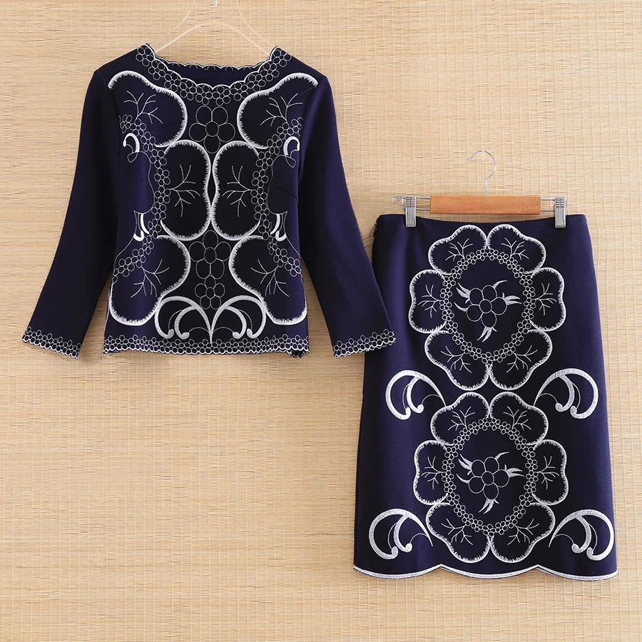 

Autumn Woman Two Pieces Set High-end Embroidery Top Coat+ Elegant Floral Skirt Lady Suit Female S-XXL