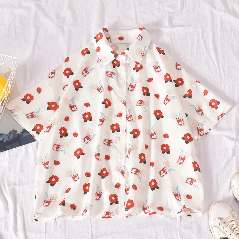 

Women's Summer Short Sleeve Lapel Flower Printed Button Up Shirt Cute Top Female Clothing Cardigan Harajuku Blouse Streetwear