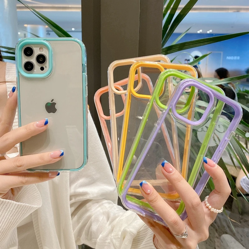 

3 in 1 Candy Color Border Shockproof Phone Case For iPhone 13 12 11 Pro Max XR X XS Max 7 8 Plus Clear Back Cover