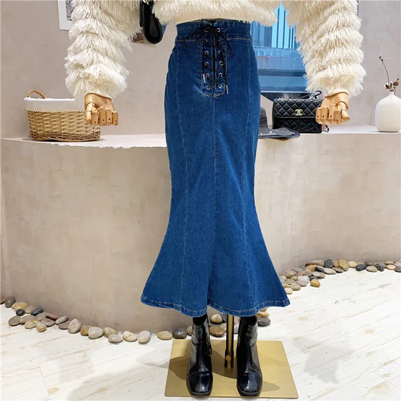 

Новая женская одежда нишевого дизайна осень 2021 джинсовая юбка с высокой талией универсальная облегающая юбка-гофрированная рыбий хвост ср...