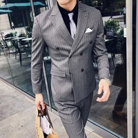 2021 grey stripe double breasted men suits costume homme fashion slim fit prom wedding groom wear terno masculino blazerpants