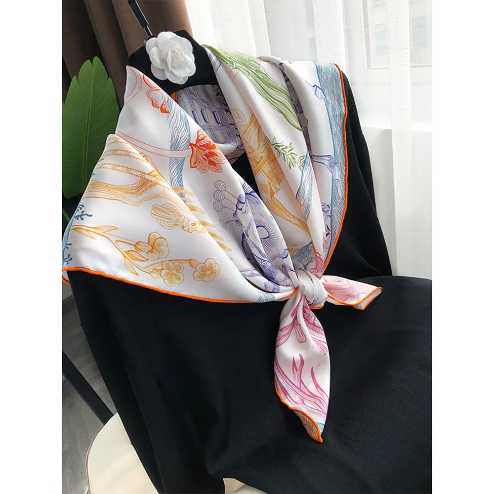 

90X90CM Square Silk Scarf For Women Printed 18MU Twill Pure Silk Scarves and Shawls Female Spring Summer Sunscreen Wrap
