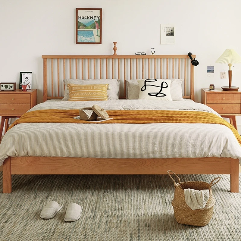 Однотонная деревянная кровать Современная Минималистичная вишневая древесина 1