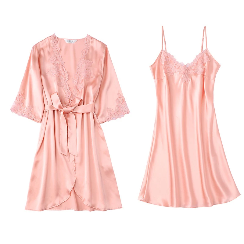 

Spring Summer 100% Mulberry Silk Solid Home Clothes Lace Flower Robe Set Woman 2 Pieces G231MS003XM