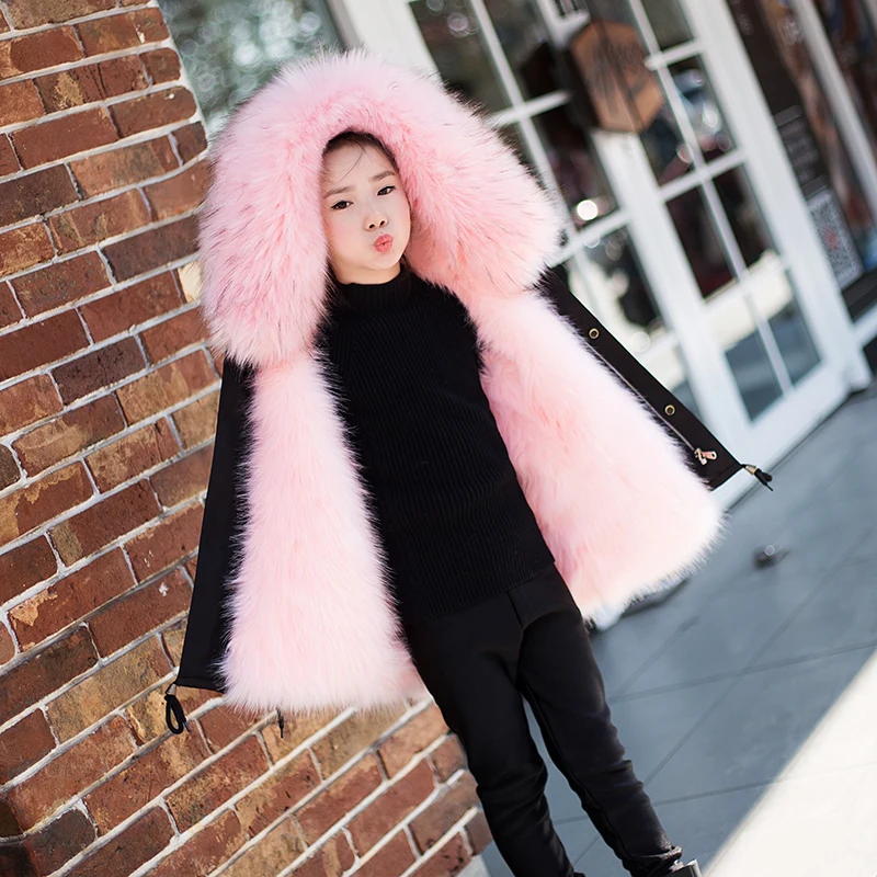 Black Pink Fur Меховая куртка для девочек и мальчиков зимние парки верхняя одежда для детей ясельного возраста шуба из искусственного лисьего меха для девочек, черная детская одежда с капюшоном, TZ323 - Цвет: Black Pink Fur