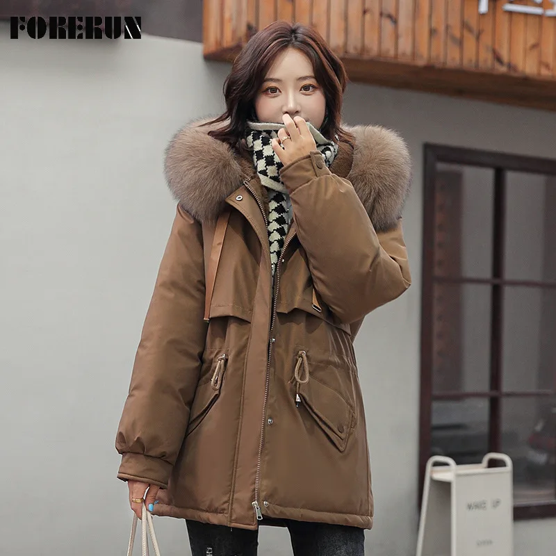 

FORERUN Women's Trench Coat Fur Hooded Plus Velvet Cotton Padded Korean Fashion Slim Waist Elegant Parka Dames Jassen Winter