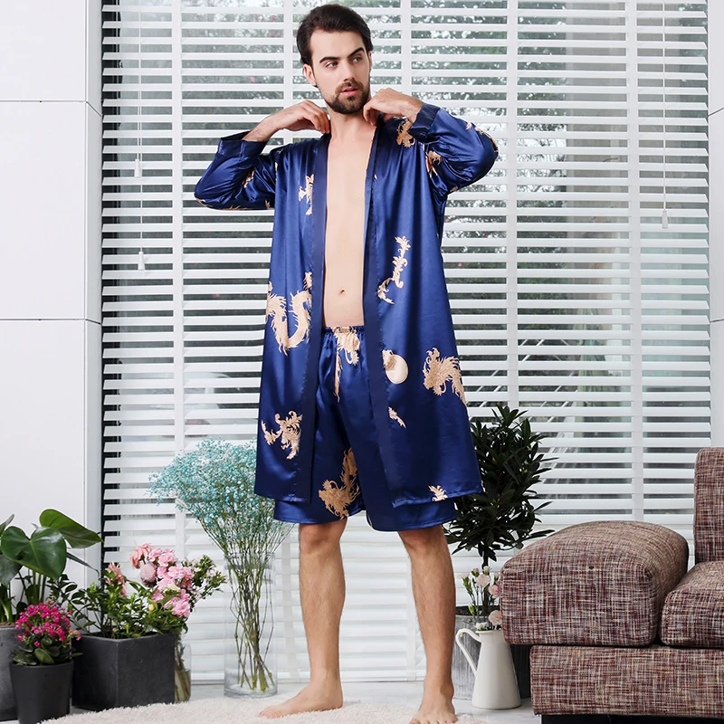 High-End Soft And Comfortable Men Nightgown Silk Pajamas 2 Piece Suit Shorts Men's Bathrobe