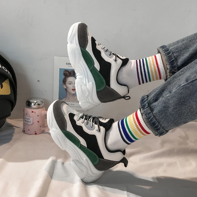 Женские кроссовки на массивной платформе 6 см Разноцветные Повседневные кожаные