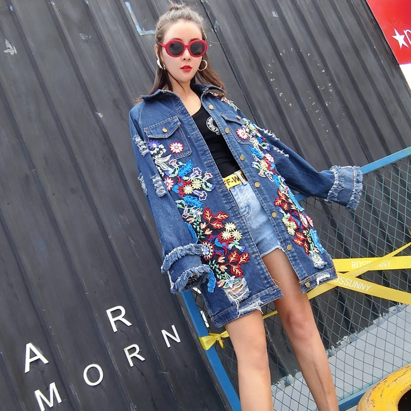 Популярный Логотип тяжелая вышитая джинсовая куртка для женщин средней и