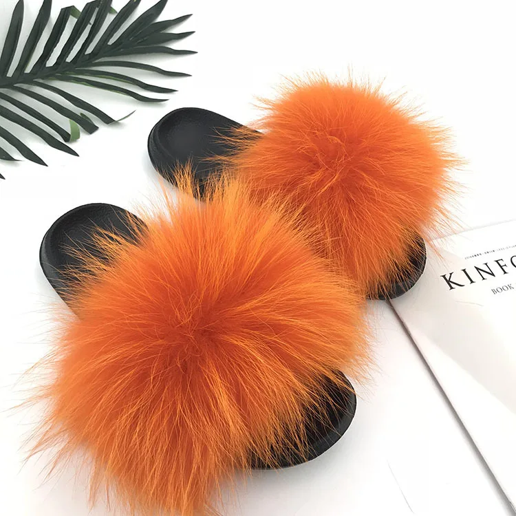 

2002 Summer Fluffy Raccoon Fur Slippers Shoes Women Real Fox Fur Flip Flop Flat Furry Fur Slides Outdoor Sandals Woman Shoes