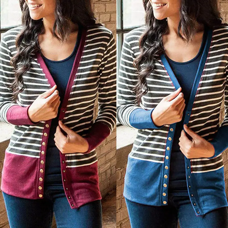 Женский вязаный длинный кардиган в полоску с длинными рукавами и пуговицами