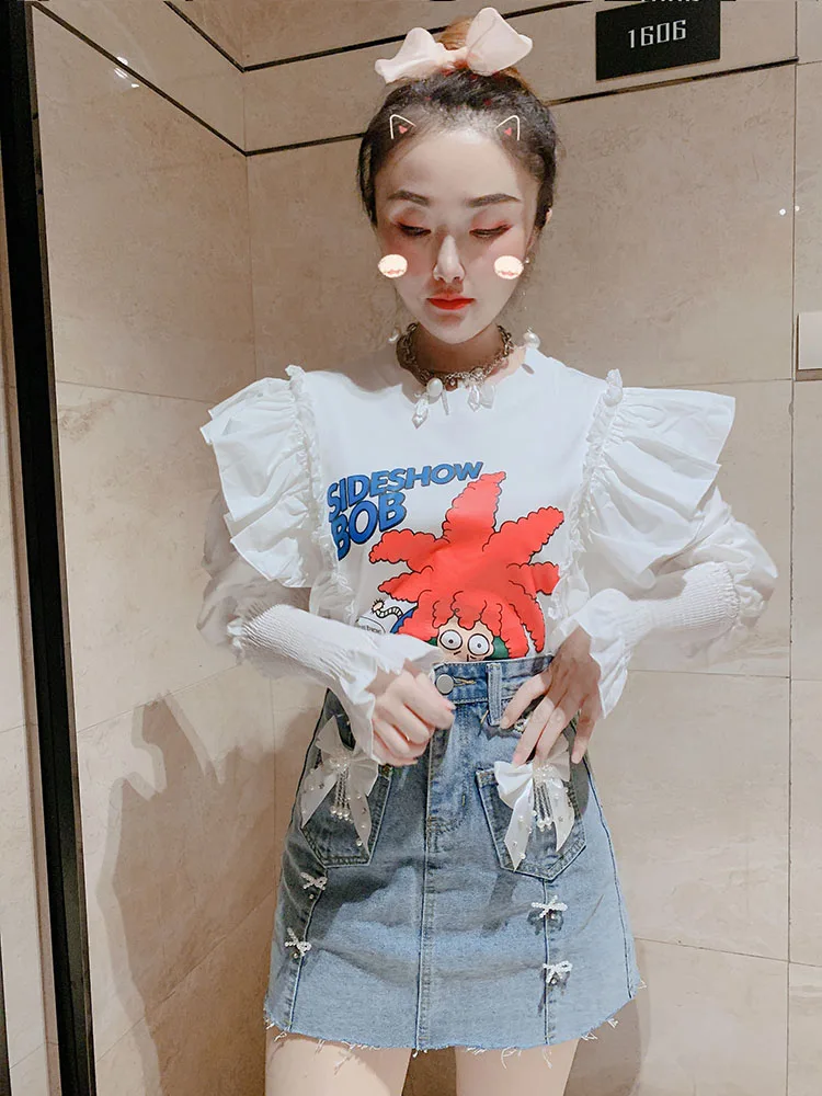 

Women's Long-Sleeved T-shirt Spring New Korean Style Sweet Ruffled Stitching Printing Bell Sleeve Loose Top Graphic T Shirts