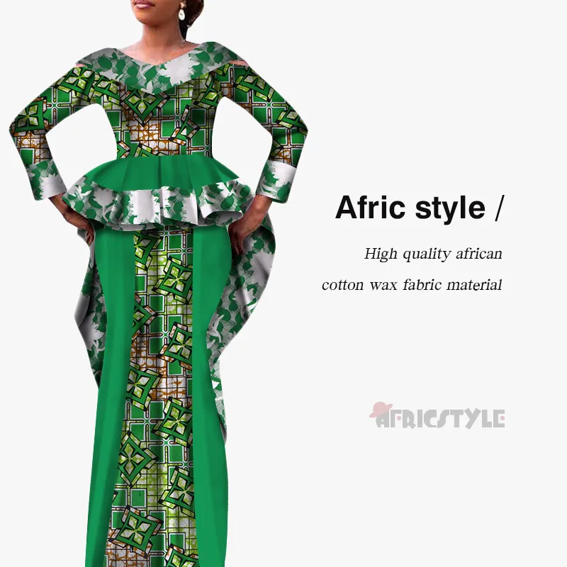 African Dashiki Bazin Dress 2 - Piece Top and High Waist Skirt Set model WY5341