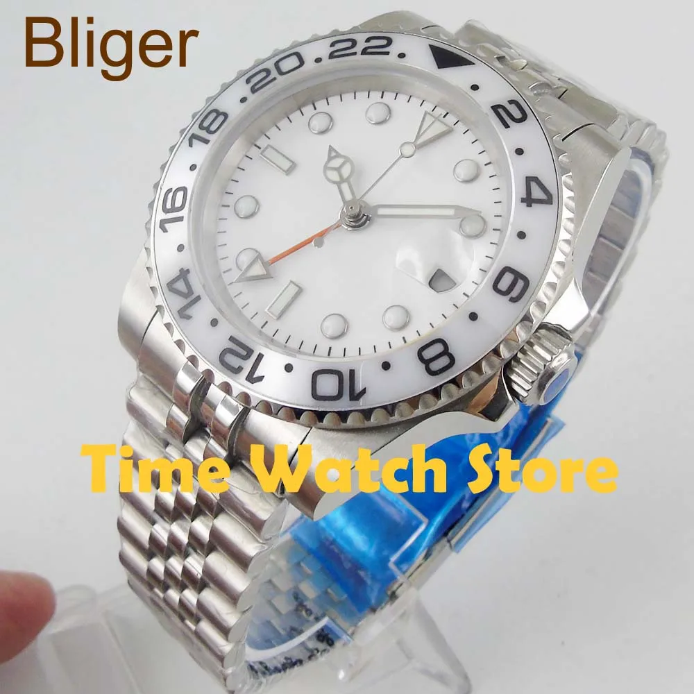 Мужские часы Bliger 40 мм GMT 3804 автоматические стеклянные saphire с белым циферблатом