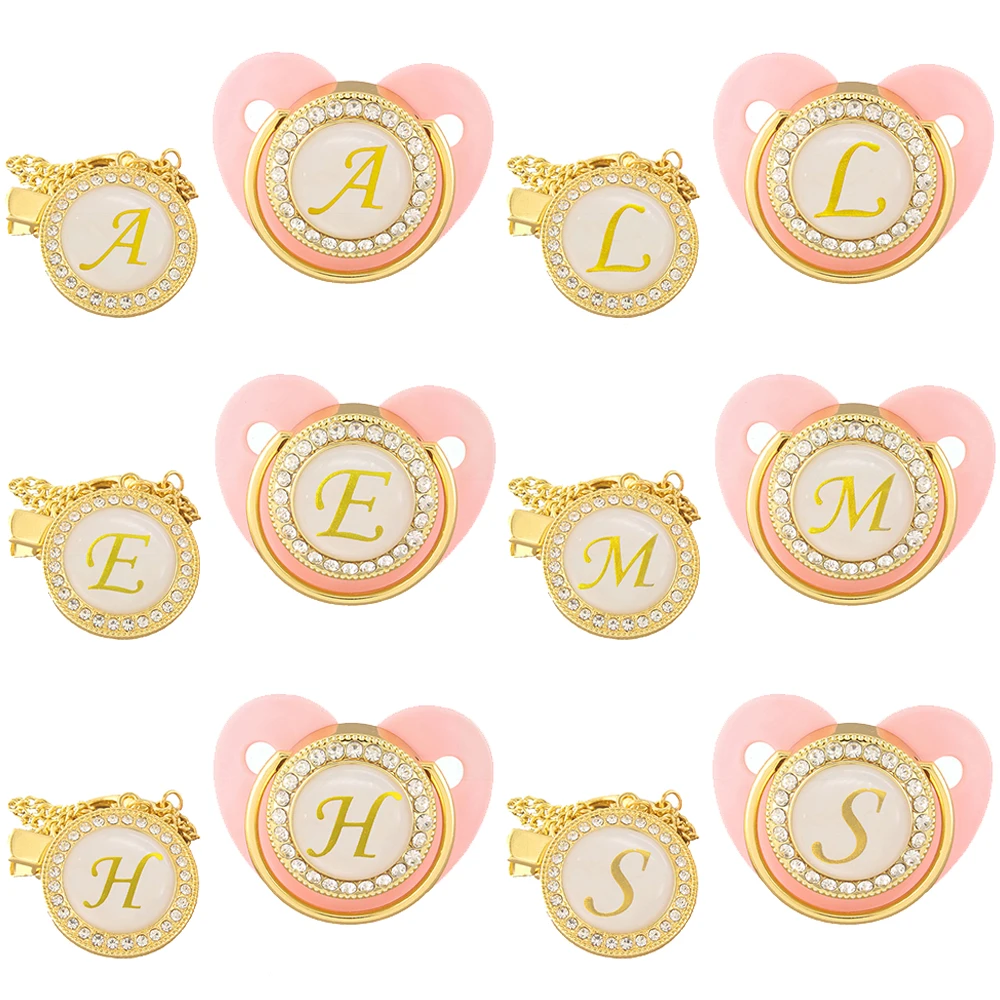 

26 Name Initial Letters Pink Baby Pacifier Clip Newborn Silicone Pacifier Bling Infant Nipple BPA Free Baby Soother Dummy 0-12M