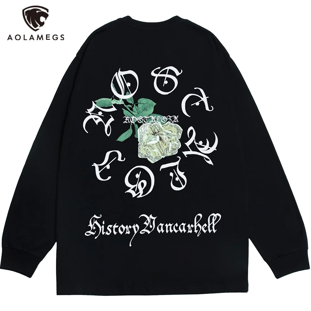 

Aolamegs свитшоты для мужчин с листьями, цветами, панк, надписями, оверсайз, на осень, с длинным рукавом, футболки в готическом стиле Harajuku, улична...