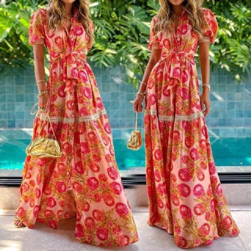 

Summer Sexy Gorgeous Floral Print Maxi Dress Vintage V Neck Short Sleeve Long Dress Elegant Boho Lace Hollow Out Party Dress XXL