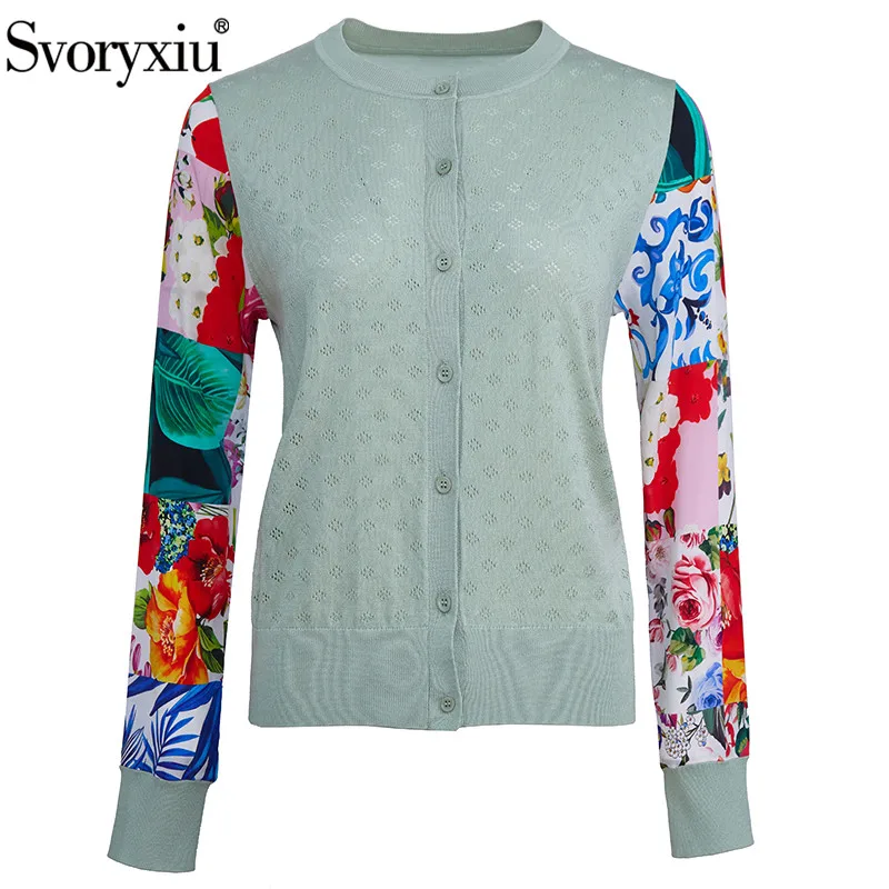 

Svoryxiu Designer Autumn Fashion Hollow Out Knitting Cardigan Women's Long Sleeve Silk Flower Print Patchwork Thin Sweater Coat