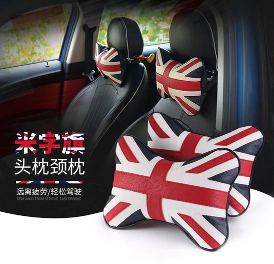 

2x MIN Auto Neck Pillow Leather Head Support Protector Union Jack Flag Backrest Cervical Spine Cushion Car Pillow Accessories