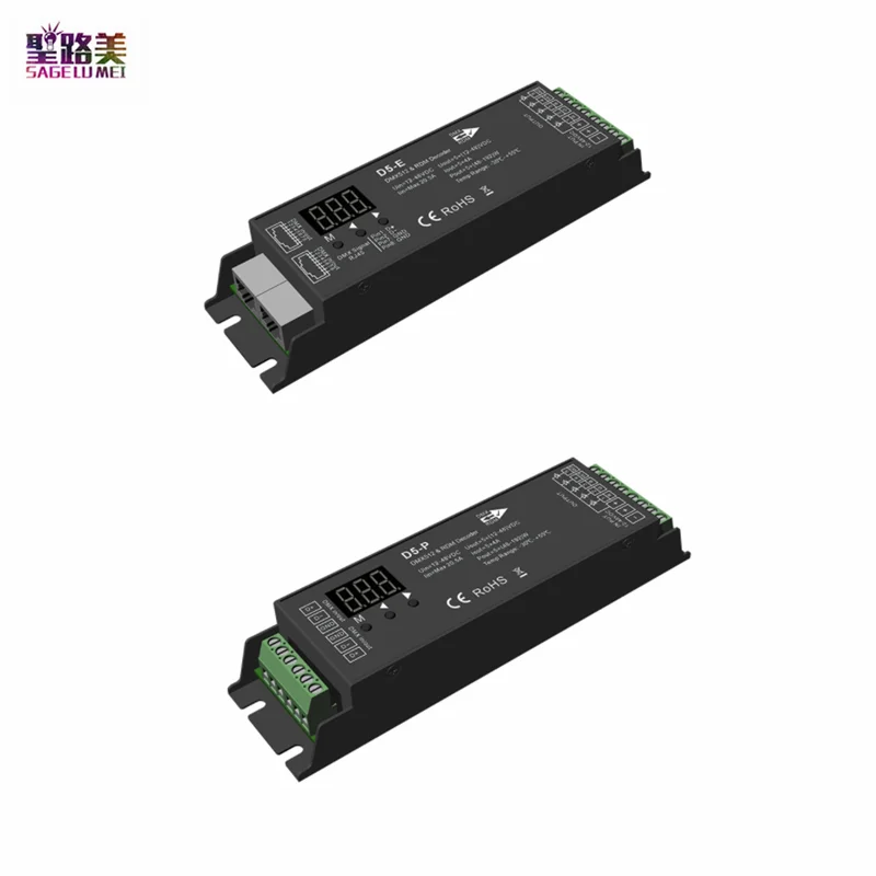 

D5-P D5-E 24V 5 каналов постоянное напряжение DMX512 RDM декодер 5CH 4A/CH CV RGB контроллер для RGB + CCT светодиодная ленсветильник