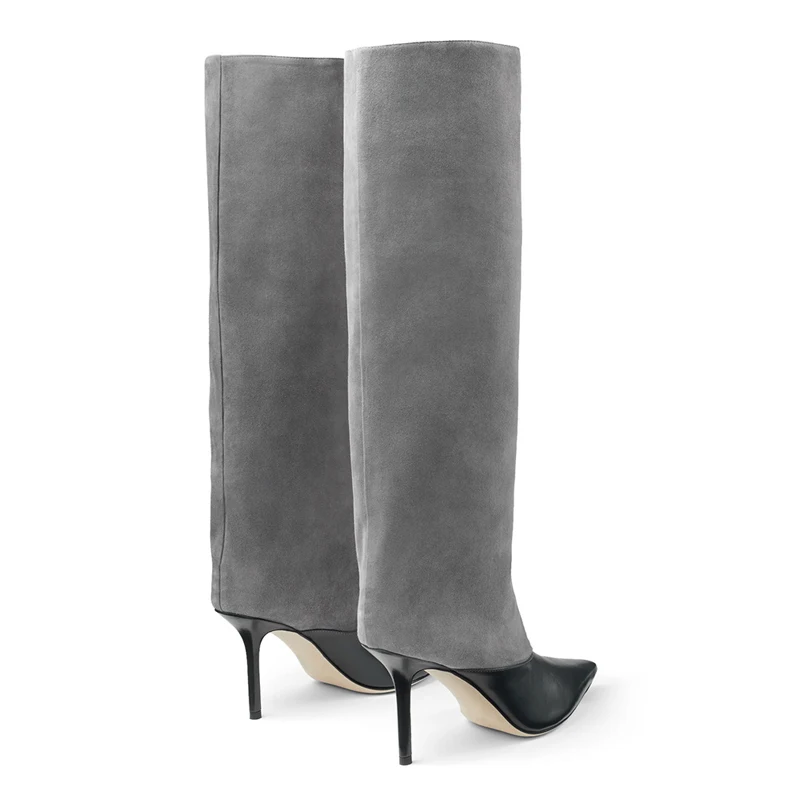 Элегантные серые сапоги с широкими штанинами привлекательные офисные до колена