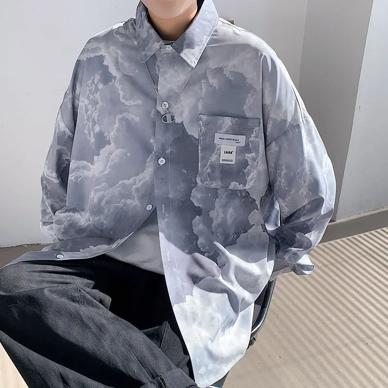 

Long-sleeved Shirt Men Ink Printing Beach Coat Student Casual All-match Loose Trend Tops Spring Summer Thin Shirts Male Clothes
