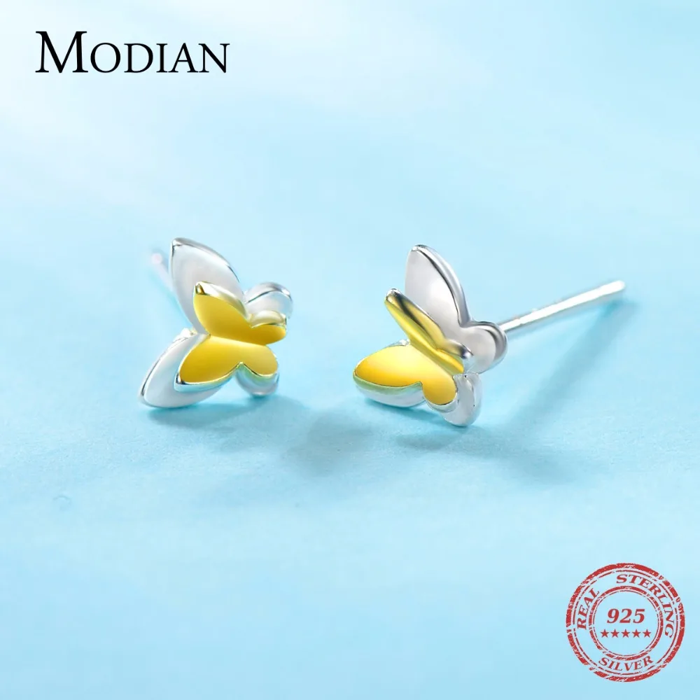 Modian Модные бабочки серьги стержня Твердые 925 стерлингового серебра для женщин