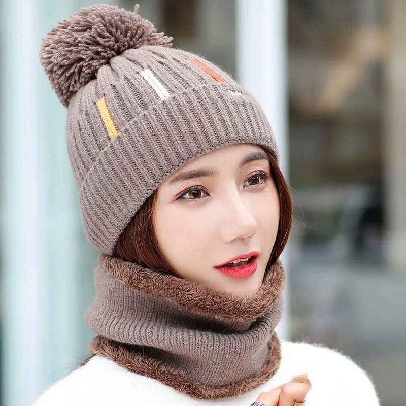 Knitted Hat With Scarf Collars SUOGRY Sets For Women Winter Ladies Hat& Scarf With Pompom Thick Two Piece Keep Snow Warm Set