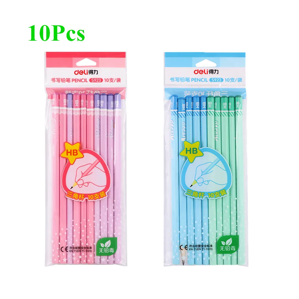 S 10pcs/set Hb Black Lead Triangular Pen Holder Children Writing Stationery Drawing Sketch Standard Pencils