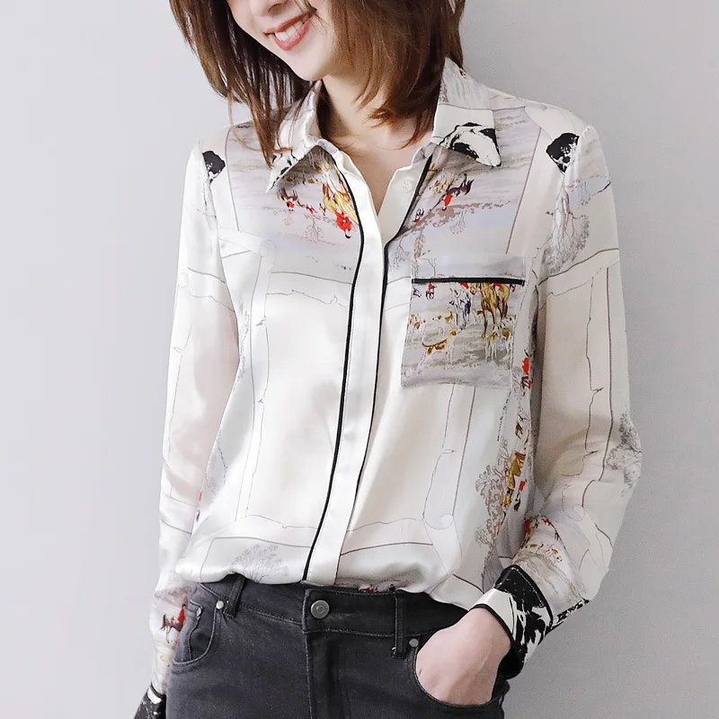 2019 блузка рубашка женская одежда с принтом из натурального шелка длинным рукавом