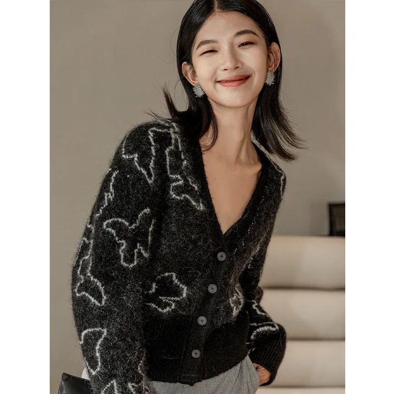 

Womens Loose Fit Cardigan Sweater Long-Sleeve V Neck Office Lady Floral Print Single-Breasted Sweater Knit Tops