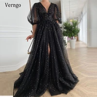 verngo 2021 sparkly black tulle with gold stars a line evening dresses puffy sleeves v neck front slit long party prom dress