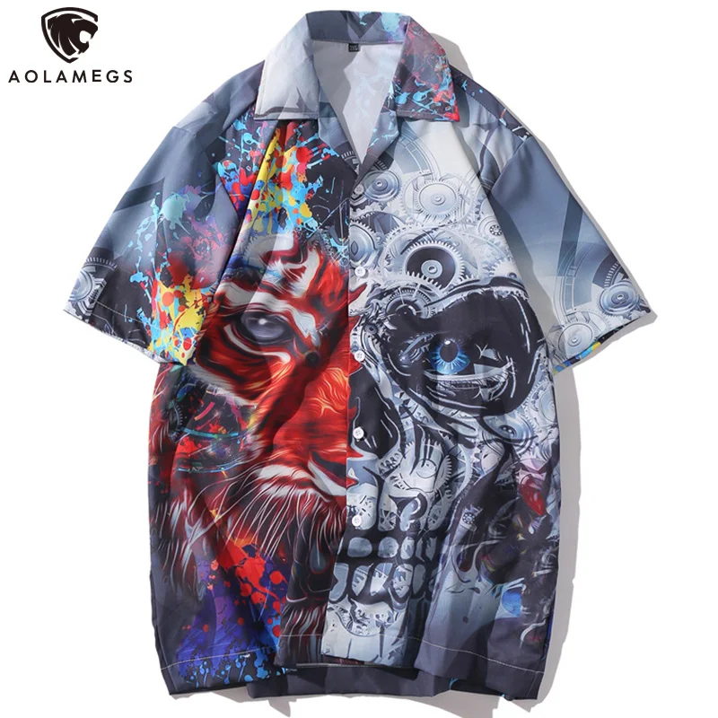 

Aolamegs Skull Graffiti Patchwork Shirts Men Casual Short Sleeve Hawaiian Shirts Hip Hop Tee Shirt Male Summer Beach Streetwear