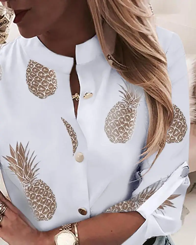 

New Spring Women Button Slim Fit Shirt Pineapple Blouse Long Sleeve Blouses Elegant office lady streetwear blusas women shirts