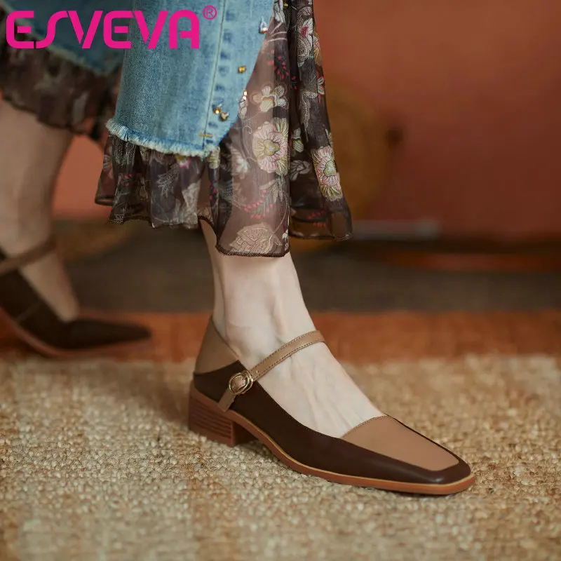 

ESVEVA/2021 г. Разноцветные женские туфли из натуральной кожи на квадратном каблуке с пряжкой модные женские туфли-лодочки с квадратным носком н...